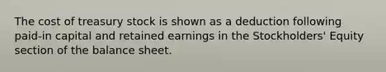 The cost of treasury stock is shown as a deduction following paid-in capital and retained earnings in the Stockholders' Equity section of the balance sheet.