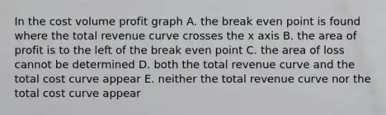 In the cost volume profit graph A. the break even point is found where the total revenue curve crosses the x axis B. the area of profit is to the left of the break even point C. the area of loss cannot be determined D. both the total revenue curve and the total cost curve appear E. neither the total revenue curve nor the total cost curve appear