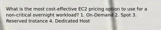 What is the most cost-effective EC2 pricing option to use for a non-critical overnight workload? 1. On-Demand 2. Spot 3. Reserved Instance 4. Dedicated Host