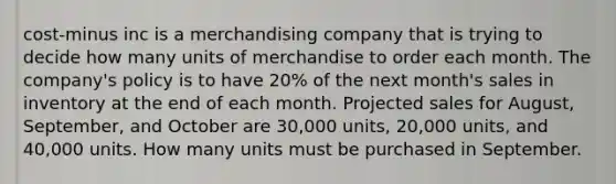 cost-minus inc is a merchandising company that is trying to decide how many units of merchandise to order each month. The company's policy is to have 20% of the next month's sales in inventory at the end of each month. Projected sales for August, September, and October are 30,000 units, 20,000 units, and 40,000 units. How many units must be purchased in September.