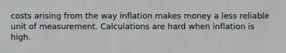 costs arising from the way inflation makes money a less reliable unit of measurement. Calculations are hard when inflation is high.