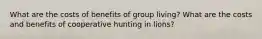 What are the costs of benefits of group living? What are the costs and benefits of cooperative hunting in lions?