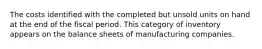 The costs identified with the completed but unsold units on hand at the end of the fiscal period. This category of inventory appears on the balance sheets of manufacturing companies.