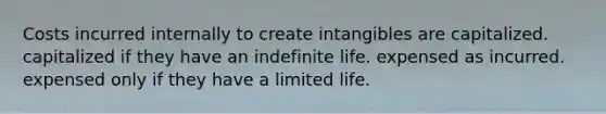 Costs incurred internally to create intangibles are capitalized. capitalized if they have an indefinite life. expensed as incurred. expensed only if they have a limited life.