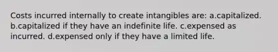 Costs incurred internally to create intangibles are: a.capitalized. b.capitalized if they have an indefinite life. c.expensed as incurred. d.expensed only if they have a limited life.