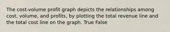 The cost-volume profit graph depicts the relationships among cost, volume, and profits, by plotting the total revenue line and the total cost line on the graph. True False