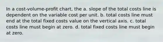 In a cost-volume-profit chart, the a. slope of the total costs line is dependent on the variable cost per unit. b. total costs line must end at the total fixed costs value on the vertical axis. c. total costs line must begin at zero. d. total fixed costs line must begin at zero.