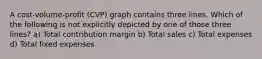 A cost-volume-profit (CVP) graph contains three lines. Which of the following is not explicitly depicted by one of those three lines? a) Total contribution margin b) Total sales c) Total expenses d) Total fixed expenses