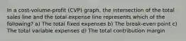 In a cost-volume-profit (CVP) graph, the intersection of the total sales line and the total expense line represents which of the following? a) The total fixed expenses b) The break-even point c) The total variable expenses d) The total contribution margin