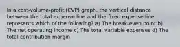 In a cost-volume-profit (CVP) graph, the vertical distance between the total expense line and the fixed expense line represents which of the following? a) The break-even point b) The net operating income c) The total variable expenses d) The total contribution margin