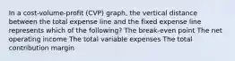 In a cost-volume-profit (CVP) graph, the vertical distance between the total expense line and the fixed expense line represents which of the following? The break-even point The net operating income The total variable expenses The total contribution margin