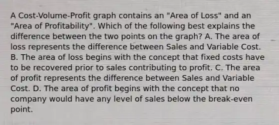 A Cost-Volume-Profit graph contains an "Area of Loss" and an "Area of Profitability". Which of the following best explains the difference between the two points on the graph? A. The area of loss represents the difference between Sales and Variable Cost. B. The area of loss begins with the concept that fixed costs have to be recovered prior to sales contributing to profit. C. The area of profit represents the difference between Sales and Variable Cost. D. The area of profit begins with the concept that no company would have any level of sales below the break-even point.