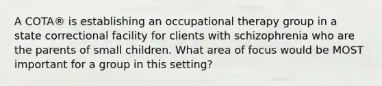 A COTA® is establishing an occupational therapy group in a state correctional facility for clients with schizophrenia who are the parents of small children. What area of focus would be MOST important for a group in this setting?