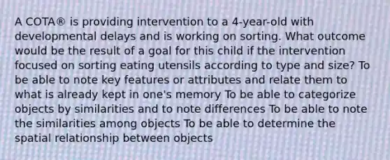 A COTA® is providing intervention to a 4-year-old with developmental delays and is working on sorting. What outcome would be the result of a goal for this child if the intervention focused on sorting eating utensils according to type and size? To be able to note key features or attributes and relate them to what is already kept in one's memory To be able to categorize objects by similarities and to note differences To be able to note the similarities among objects To be able to determine the spatial relationship between objects