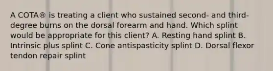 A COTA® is treating a client who sustained second- and third-degree burns on the dorsal forearm and hand. Which splint would be appropriate for this client? A. Resting hand splint B. Intrinsic plus splint C. Cone antispasticity splint D. Dorsal flexor tendon repair splint