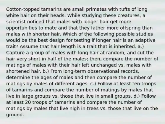 Cotton-topped tamarins are small primates with tufts of long white hair on their heads. While studying these creatures, a scientist noticed that males with longer hair get more opportunities to mate and that they father more offspring than males with shorter hair. Which of the following possible studies would be the best design for testing if longer hair is an adaptive trait? Assume that hair length is a trait that is inherited. a.) Capture a group of males with long hair at random, and cut the hair very short in half of the males; then, compare the number of matings of males with their hair left unchanged vs. males with shortened hair. b.) From long-term observational records, determine the ages of males and then compare the number of matings by males of different ages. c.) Follow at least ten troops of tamarins and compare the number of matings by males that live in large groups vs. those that live in small groups. d.) Follow at least 20 troops of tamarins and compare the number of matings by males that live high in trees vs. those that live on the ground.