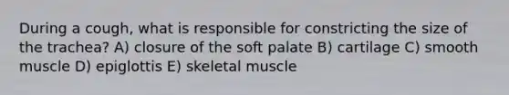 During a cough, what is responsible for constricting the size of the trachea? A) closure of the soft palate B) cartilage C) smooth muscle D) epiglottis E) skeletal muscle