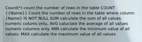 Count(*) count the number of rows in the table COUNT ({Name)} Count the number of rows in the table where column (Name) IS NOT NULL SUM calculate the sum of all calues numeric colums onlu, AVG caluclate the average of all values numeric columns only. MIN calculate the minimum value of all values. MAX calculate the maximum value of all values