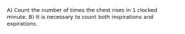 A) Count the number of times the chest rises in 1 clocked minute, B) It is necessary to count both inspirations and expirations.