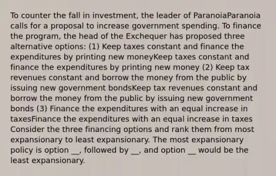 To counter the fall in​ investment, the leader of ParanoiaParanoia calls for a proposal to increase government spending. To finance the​ program, the head of the Exchequer has proposed three alternative​ options: ​(1) Keep taxes constant and finance the expenditures by printing new moneyKeep taxes constant and finance the expenditures by printing new money ​(2) Keep tax revenues constant and borrow the money from the public by issuing new government bondsKeep tax revenues constant and borrow the money from the public by issuing new government bonds ​(3) Finance the expenditures with an equal increase in taxesFinance the expenditures with an equal increase in taxes Consider the three financing options and rank them from most expansionary to least expansionary. The most expansionary policy is option​ __, followed by​ __, and option​ __ would be the least expansionary.