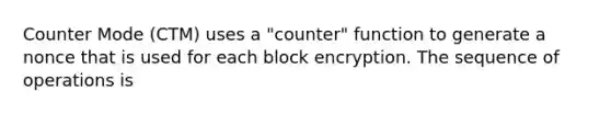 Counter Mode (CTM) uses a "counter" function to generate a nonce that is used for each block encryption. The sequence of operations is