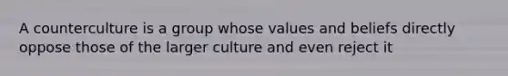 A counterculture is a group whose values and beliefs directly oppose those of the larger culture and even reject it