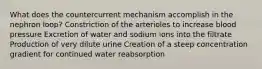 What does the countercurrent mechanism accomplish in the nephron loop? Constriction of the arterioles to increase blood pressure Excretion of water and sodium ions into the filtrate Production of very dilute urine Creation of a steep concentration gradient for continued water reabsorption