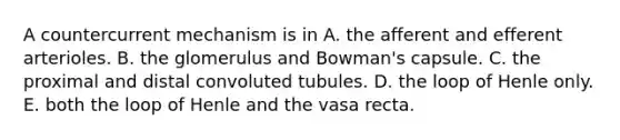 A countercurrent mechanism is in A. the afferent and efferent arterioles. B. the glomerulus and Bowman's capsule. C. the proximal and distal convoluted tubules. D. the loop of Henle only. E. both the loop of Henle and the vasa recta.