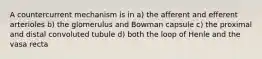 A countercurrent mechanism is in a) the afferent and efferent arterioles b) the glomerulus and Bowman capsule c) the proximal and distal convoluted tubule d) both the loop of Henle and the vasa recta