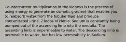 Countercurrent multiplication in the kidneys is the process of using energy to generate an osmotic gradient that enables you to reabsorb water from the tubular fluid and produce concentrated urine. 2 loops of Henle: Sodium is constantly being pumped out of the ascending limb into the medulla. The ascending limb is impermeable to water. The descending limb is permeable to water, but has low permeability to Sodium.