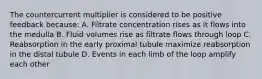 The countercurrent multiplier is considered to be positive feedback because: A. Filtrate concentration rises as it flows into the medulla B. Fluid volumes rise as filtrate flows through loop C. Reabsorption in the early proximal tubule maximize reabsorption in the distal tubule D. Events in each limb of the loop amplify each other