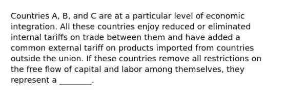 Countries A, B, and C are at a particular level of economic integration. All these countries enjoy reduced or eliminated internal tariffs on trade between them and have added a common external tariff on products imported from countries outside the union. If these countries remove all restrictions on the free flow of capital and labor among themselves, they represent a ________.