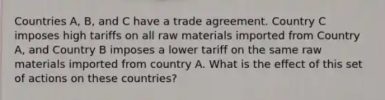 Countries A, B, and C have a trade agreement. Country C imposes high tariffs on all raw materials imported from Country A, and Country B imposes a lower tariff on the same raw materials imported from country A. What is the effect of this set of actions on these countries?