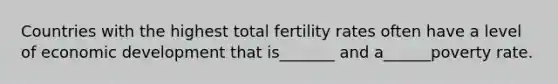 Countries with the highest total fertility rates often have a level of economic development that is_______ and a______poverty rate.