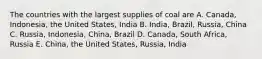 The countries with the largest supplies of coal are A. Canada, Indonesia, the United States, India B. India, Brazil, Russia, China C. Russia, Indonesia, China, Brazil D. Canada, South Africa, Russia E. China, the United States, Russia, India