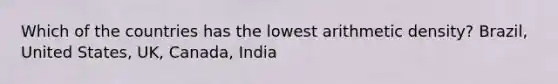 Which of the countries has the lowest arithmetic density? Brazil, United States, UK, Canada, India