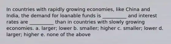 In countries with rapidly growing economies, like China and India, the demand for loanable funds is __________ and interest rates are __________ than in countries with slowly growing economies. a. larger; lower b. smaller; higher c. smaller; lower d. larger; higher e. none of the above