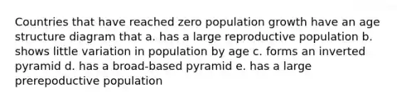 Countries that have reached zero population growth have an age structure diagram that a. has a large reproductive population b. shows little variation in population by age c. forms an inverted pyramid d. has a broad-based pyramid e. has a large prerepoductive population