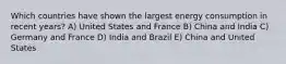 Which countries have shown the largest energy consumption in recent years? A) United States and France B) China and India C) Germany and France D) India and Brazil E) China and United States