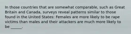 In those countries that are somewhat comparable, such as Great Britain and Canada, surveys reveal patterns similar to those found in the United States: Females are more likely to be rape victims than males and their attackers are much more likely to be ______.