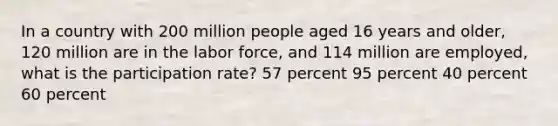 In a country with 200 million people aged 16 years and older, 120 million are in the labor force, and 114 million are employed, what is the participation rate? 57 percent 95 percent 40 percent 60 percent