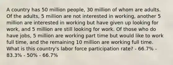 A country has 50 million people, 30 million of whom are adults. Of the adults, 5 million are not interested in working, another 5 million are interested in working but have given up looking for work, and 5 million are still looking for work. Of those who do have jobs, 5 million are working part time but would like to work full time, and the remaining 10 million are working full time. What is this country's labor force participation rate? - 66.7% - 83.3% - 50% - 66.7%