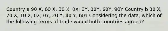 Country a 90 X, 60 X, 30 X, 0X; 0Y, 30Y, 60Y, 90Y Country b 30 X, 20 X, 10 X, 0X; 0Y, 20 Y, 40 Y, 60Y Considering the data, which of the following terms of trade would both countries agreed?