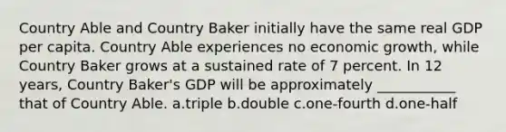 Country Able and Country Baker initially have the same real GDP per capita. Country Able experiences no economic growth, while Country Baker grows at a sustained rate of 7 percent. In 12 years, Country Baker's GDP will be approximately ___________ that of Country Able. a.triple b.double c.one-fourth d.one-half