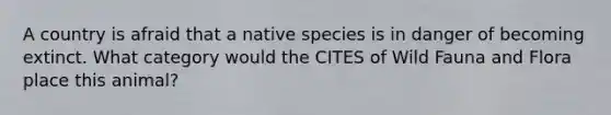 A country is afraid that a native species is in danger of becoming extinct. What category would the CITES of Wild Fauna and Flora place this animal?