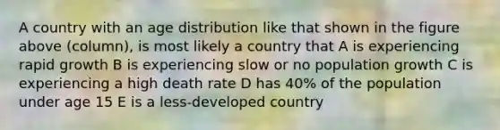 A country with an age distribution like that shown in the figure above (column), is most likely a country that A is experiencing rapid growth B is experiencing slow or no population growth C is experiencing a high death rate D has 40% of the population under age 15 E is a less-developed country