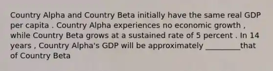 Country Alpha and Country Beta initially have the same real GDP per capita . Country Alpha experiences no economic growth , while Country Beta grows at a sustained rate of 5 percent . In 14 years , Country Alpha's GDP will be approximately _________that of Country Beta