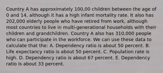 Country A has approximately 100,00 children between the age of 0 and 14, although it has a high infant mortality rate. It also has 202,000 elderly people who have retired from work, although most countries to live in multi-generational households with their children and grandchildren. Country A also has 310,000 people who can participate in the workforce. We can use these data to calculate that the: A. Dependency ratio is about 50 percent. B. Life expectancy ratio is about 50 percent. C. Population rate is high. D. Dependency ratio is about 67 percent. E. Dependency ratio is about 33 percent.