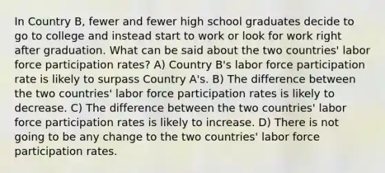 In Country B, fewer and fewer high school graduates decide to go to college and instead start to work or look for work right after graduation. What can be said about the two countries' labor force participation rates? A) Country B's labor force participation rate is likely to surpass Country A's. B) The difference between the two countries' labor force participation rates is likely to decrease. C) The difference between the two countries' labor force participation rates is likely to increase. D) There is not going to be any change to the two countries' labor force participation rates.