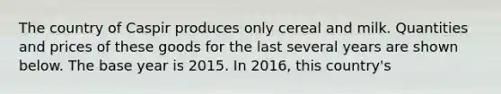 The country of Caspir produces only cereal and milk. Quantities and prices of these goods for the last several years are shown below. The base year is 2015. In 2016, this country's